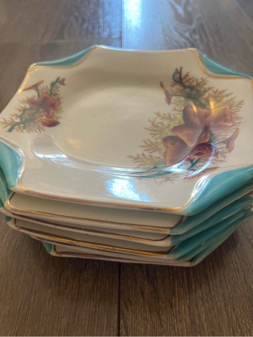 Vintage Turquoise and White Porcelain Dessert Plates with Leaf Accents